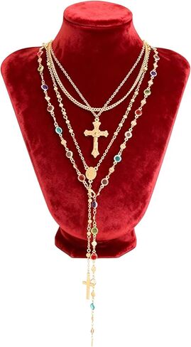 4PCS Layered Gold Cross Necklace Set for Women, Trendy Bohemian Bead Pearl Y Pendant - Vintage Rosary Stackable Necklaces, Adjustable Length Fashion Jewelry in Saudi Arabia