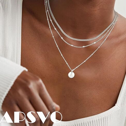 Apsvo Necklaces for Women, 3PCS Layered Initial Necklaces 14K Gold Plated/Sterling Silver Stack Cuban Link Chain Pendant Necklace for Women Jewelry Gift Non Tarnish in Saudi Arabia