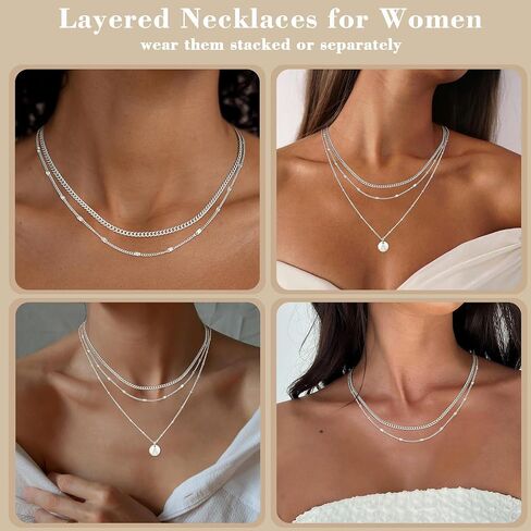 Apsvo Necklaces for Women, 3PCS Layered Initial Necklaces 14K Gold Plated/Sterling Silver Stack Cuban Link Chain Pendant Necklace for Women Jewelry Gift Non Tarnish in Saudi Arabia