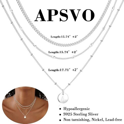 Apsvo Necklaces for Women, 3PCS Layered Initial Necklaces 14K Gold Plated/Sterling Silver Stack Cuban Link Chain Pendant Necklace for Women Jewelry Gift Non Tarnish in Saudi Arabia