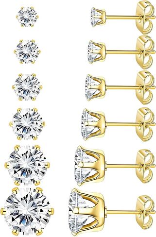 NEWITIN 6 Pairs Gold Earrings for Women Stainless Steel Stud Earring Set | Hypoallergenic 316L, 18K Gold Plated, Cubic Zirconia, 3-8mm, Halo Earring for Women Men, Cartilage Studs, Multiple Piercing in Saudi Arabia