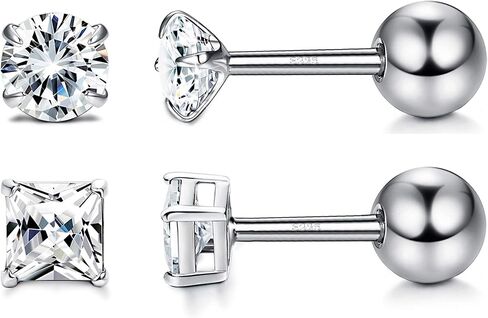 MILACOLATO 925 Sterling Silver Stud Earrings, 2 Pairs Round/Square Cubic Zirconia Earrings Studs, Hypoallergenic Cartilage Tragus Helix Screw Back Stud Earrings Set for Women Men 3 4 5 6 mm in Kuwait