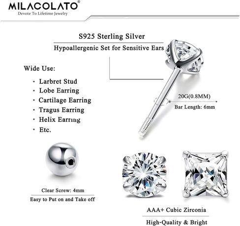 MILACOLATO 925 Sterling Silver Stud Earrings, 2 Pairs Round/Square Cubic Zirconia Earrings Studs, Hypoallergenic Cartilage Tragus Helix Screw Back Stud Earrings Set for Women Men 3 4 5 6 mm in Kuwait