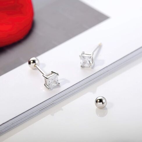 MILACOLATO 925 Sterling Silver Stud Earrings, 2 Pairs Round/Square Cubic Zirconia Earrings Studs, Hypoallergenic Cartilage Tragus Helix Screw Back Stud Earrings Set for Women Men 3 4 5 6 mm in Kuwait
