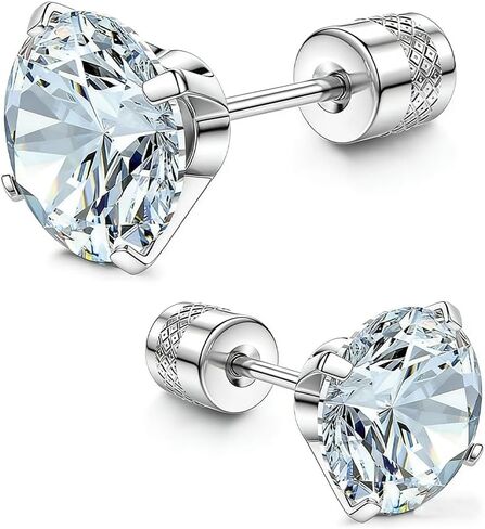 Silver Four Claw Titanium Steel Earrings For Men Women, Set With Sparkling Round Cubic Zirconia, Lightweight Hypoallergenic Screw Back Earrings, Exquisite Fashionable Jewelry For Daily And Party Wear in Kuwait