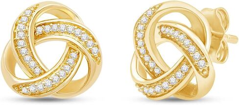 Jewelili Yellow Gold Plated Sterling Silver Love Knot Stud Earrings for Women | 1/10 CTTW Natural White Round Diamonds | Push Back Post | Fine Jewelry with Gift Box in Saudi Arabia