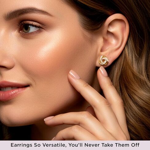Jewelili Yellow Gold Plated Sterling Silver Love Knot Stud Earrings for Women | 1/10 CTTW Natural White Round Diamonds | Push Back Post | Fine Jewelry with Gift Box in Saudi Arabia