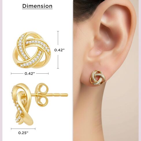 Jewelili Yellow Gold Plated Sterling Silver Love Knot Stud Earrings for Women | 1/10 CTTW Natural White Round Diamonds | Push Back Post | Fine Jewelry with Gift Box in Saudi Arabia