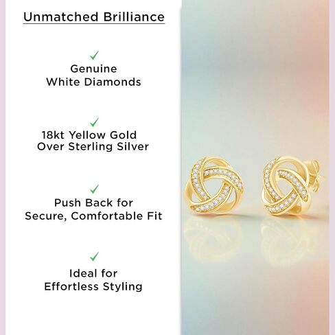 Jewelili Yellow Gold Plated Sterling Silver Love Knot Stud Earrings for Women | 1/10 CTTW Natural White Round Diamonds | Push Back Post | Fine Jewelry with Gift Box in Saudi Arabia