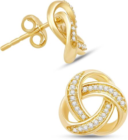 Jewelili Yellow Gold Plated Sterling Silver Love Knot Stud Earrings for Women | 1/10 CTTW Natural White Round Diamonds | Push Back Post | Fine Jewelry with Gift Box in Saudi Arabia