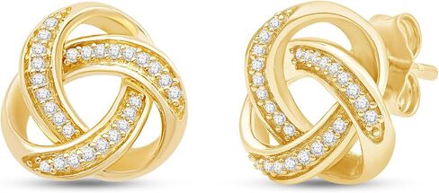 Jewelili Yellow Gold Plated Sterling Silver Love Knot Stud Earrings for Women | 1/10 CTTW Natural White Round Diamonds | Push Back Post | Fine Jewelry with Gift Box in Saudi Arabia