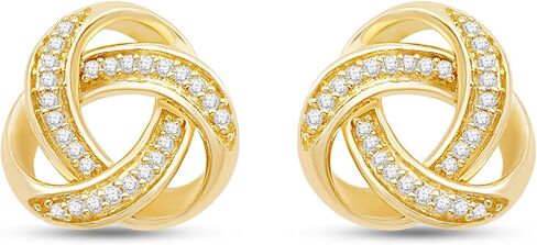 Jewelili Yellow Gold Plated Sterling Silver Love Knot Stud Earrings for Women | 1/10 CTTW Natural White Round Diamonds | Push Back Post | Fine Jewelry with Gift Box in Saudi Arabia