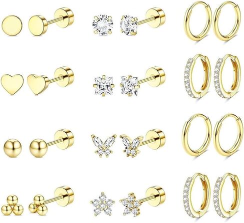 12 Pairs Stud Hoop Earrings for Women, Stainless Steel Earrings Set for Sensitive Ears 14K Gold Plated Flat Back Earrings in Kuwait