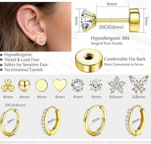 12 Pairs Stud Hoop Earrings for Women, Stainless Steel Earrings Set for Sensitive Ears 14K Gold Plated Flat Back Earrings in Kuwait