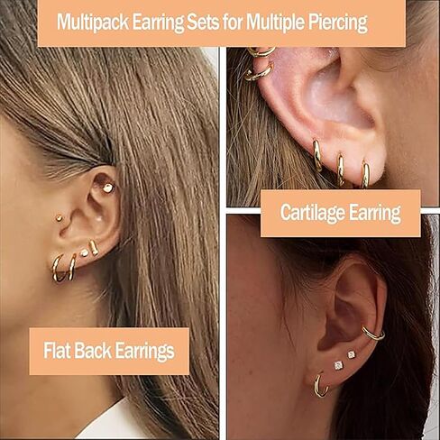 12 Pairs Stud Hoop Earrings for Women, Stainless Steel Earrings Set for Sensitive Ears 14K Gold Plated Flat Back Earrings in Kuwait