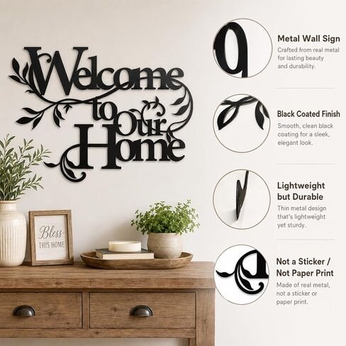 TYYFO Welcome to Our Home Metal Wall Sign, Indoor Outdoor Decor | Black metal welcome sign for entryway, porch, living room, kitchen and farmhouse wall decor. in Saudi Arabia