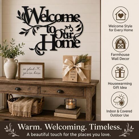 TYYFO Welcome to Our Home Metal Wall Sign, Indoor Outdoor Decor | Black metal welcome sign for entryway, porch, living room, kitchen and farmhouse wall decor. in Saudi Arabia