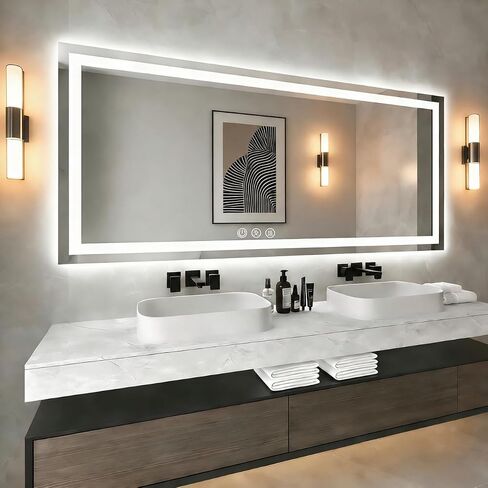 60x48 LED Bathroom Mirror with Lights, Anti-Fog, Dimmable, Backlit + Front Lit, Lighted Bathroom Vanity Mirror for Wall, Memory Function, Tempered Glass, Shatter-Proof, ETL Listed in Saudi Arabia