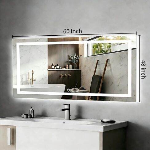 60x48 LED Bathroom Mirror with Lights, Anti-Fog, Dimmable, Backlit + Front Lit, Lighted Bathroom Vanity Mirror for Wall, Memory Function, Tempered Glass, Shatter-Proof, ETL Listed in Saudi Arabia