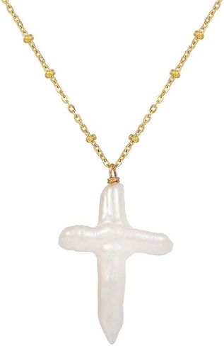 Pearl Cross Necklace for Women Freshwater Pearls Pendant Dainty Sideways Cross Small White Pearls Non Tarnish Gifts for Christian Trendy Fashion Jewelry Simple Unique Jewelry in Saudi Arabia