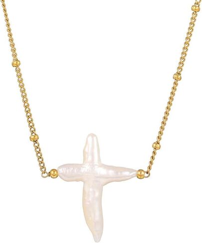 Pearl Cross Necklace for Women Freshwater Pearls Pendant Dainty Sideways Cross Small White Pearls Non Tarnish Gifts for Christian Trendy Fashion Jewelry Simple Unique Jewelry in Saudi Arabia