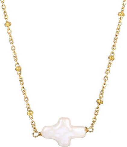 Pearl Cross Necklace for Women Freshwater Pearls Pendant Dainty Sideways Cross Small White Pearls Non Tarnish Gifts for Christian Trendy Fashion Jewelry Simple Unique Jewelry in Saudi Arabia