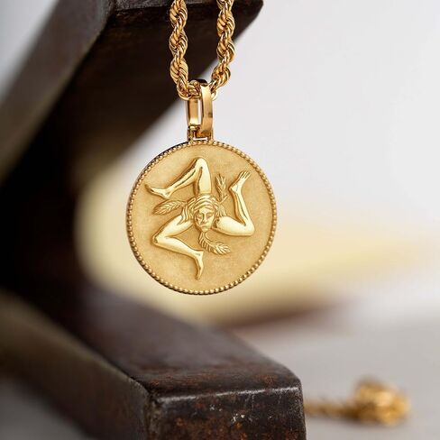 14K Solid Gold Trinacria Necklace – Sicilian Symbol Medallion Pendant for Women & Men – Three Legged Figure Coin Charm – Italian Heritage Jewelry – Sicily Coat of Arms medallion in Saudi Arabia