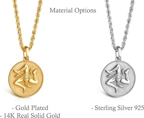 14K Solid Gold Trinacria Necklace – Sicilian Symbol Medallion Pendant for Women & Men – Three Legged Figure Coin Charm – Italian Heritage Jewelry – Sicily Coat of Arms medallion in Saudi Arabia