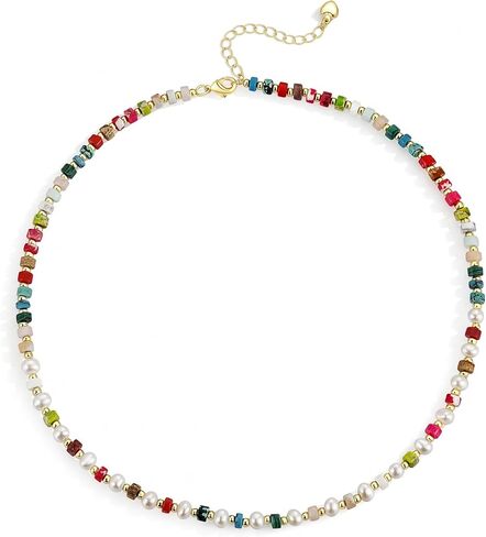 Beaded Necklace for Women Small Beaded Colorful Natural Gemstone Pearl Necklaces Choker Stackable Healing Beach Vacation Summer Boho Jewelry Gifts in Kuwait