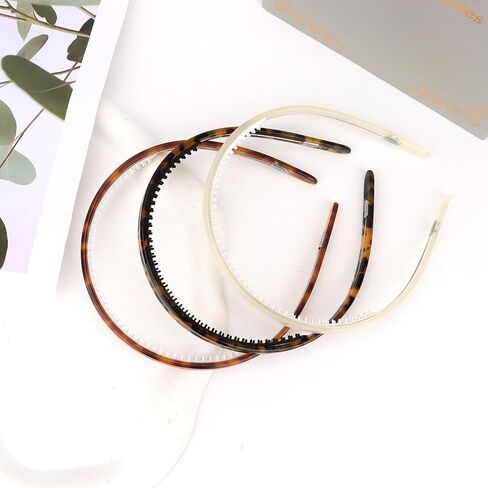 Tortoise Shell Headband Acetate Plastic Thin Headbands with Teeth for Women and Girls Trendy 3Pcs Hair Bands Set（White，Leopard，Amber Leopard） in Saudi Arabia