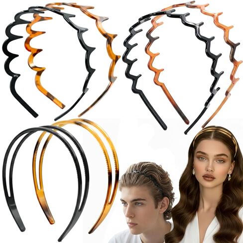 6 PCS Zig Zag Headbands Set Plastic Hair Head Band Comb Hoop Hair Accessories for Women Men, Premium Bright Black&Amber in Saudi Arabia