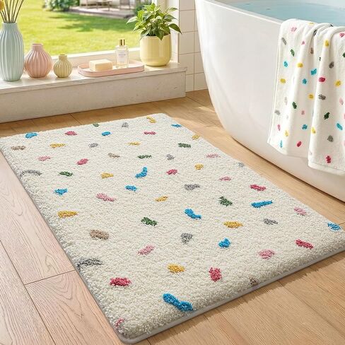 Color&Geometry Soft Bathroom Rugs,Bath Mats for Bathroom Non Slip,Absorbent Microfiber Bath Mat Washable,Cute Bath Mat Aesthetic Bath Rugs Bath Decor Rug Colorful Decorations,Ivory White,20x32 in Saudi Arabia
