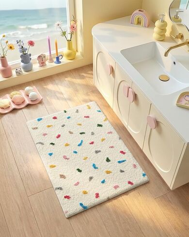 Color&Geometry Soft Bathroom Rugs,Bath Mats for Bathroom Non Slip,Absorbent Microfiber Bath Mat Washable,Cute Bath Mat Aesthetic Bath Rugs Bath Decor Rug Colorful Decorations,Ivory White,20x32 in Saudi Arabia