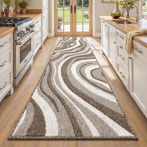 Yamaziot Washable Hallway Runner Rug 2x8 – Non Slip Modern Abstract High-Low Textured Kitchen Runner Rug, Boho Carpet Runner for Kitchen, Entryway, Bedroom, Laundry, Hallway, Beige Brown & White in Saudi Arabia
