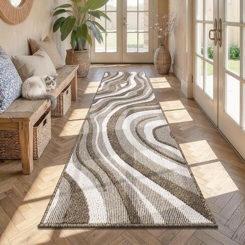 Yamaziot Washable Hallway Runner Rug 2x8 – Non Slip Modern Abstract High-Low Textured Kitchen Runner Rug, Boho Carpet Runner for Kitchen, Entryway, Bedroom, Laundry, Hallway, Beige Brown & White in Saudi Arabia