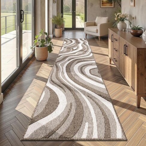 Yamaziot Washable Hallway Runner Rug 2x8 – Non Slip Modern Abstract High-Low Textured Kitchen Runner Rug, Boho Carpet Runner for Kitchen, Entryway, Bedroom, Laundry, Hallway, Beige Brown & White in Saudi Arabia