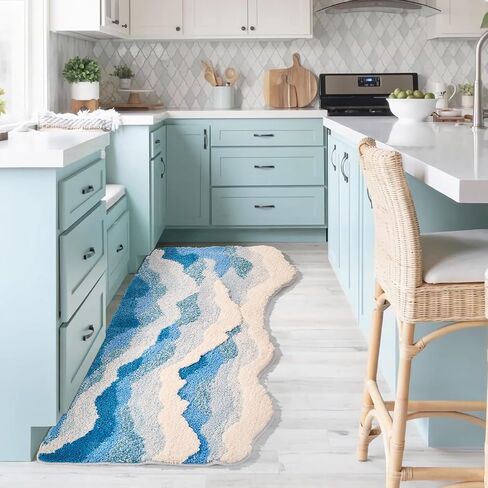 Large Ocean Sea Wave Rug 60"x30", Beach Themed Room Decor Aesthetic, Beachy Decor for Bedroom Nursery Kitchen, Washable Blue Area Rug for Summer Room, Nautical Coastal Room Decor in Saudi Arabia