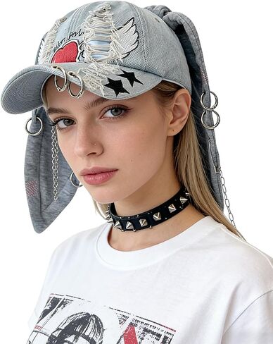 Gothic Denim Rabbit Hat with Ears Bunny Ears Hat Y2k Grunge Iron Ring Chain Cap Distressed Baseball Caps Ripped Jean Cap in Saudi Arabia