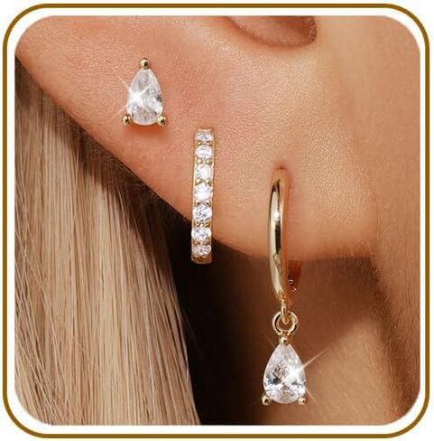 3 Pairs Earrings Set for Women, 14K Gold or 925 Sterling Silver Hypoallergenic CZ Stud Huggie Hoop and Drop Earrings, Dainty Ear Stack Jewelry for Multiple Piercings, Gift for Her in Saudi Arabia