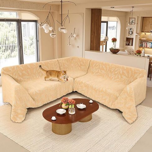 1OO% Waterproof Sectional Couch Covers for Dogs L Shaped Corner Sofa Cover Washable Chenille Sofa Slipcovers Blanket Modern Jacquard Pet Furniture Protector (91"x276", Tan Leaf) in Saudi Arabia