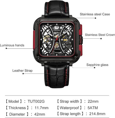 TOPHILL Automatic Watches for Men Skeletonized Mechanical 361 Stainless Steel Dial Leather Strap Men's Watches 42mm Dial 50m Waterproof Men's Fashion Gifts in Saudi Arabia