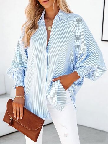 Women's Fashion Striped Print Long Sleeve Button Front Lapel Shirt Ladies Casual Long Sleeve Pocket Top for Spring & Fall in Saudi Arabia