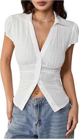 SweatyRocks Women's Cap Sleeve Button Down Shirt Collared V Neck Casual Summer Blouse Tops in Kuwait