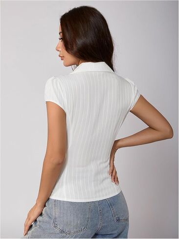 SweatyRocks Women's Cap Sleeve Button Down Shirt Collared V Neck Casual Summer Blouse Tops in Kuwait