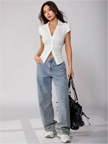 SweatyRocks Women's Cap Sleeve Button Down Shirt Collared V Neck Casual Summer Blouse Tops in Kuwait