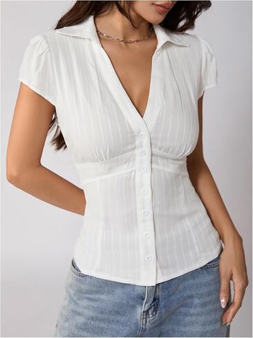 SweatyRocks Women's Cap Sleeve Button Down Shirt Collared V Neck Casual Summer Blouse Tops in Kuwait