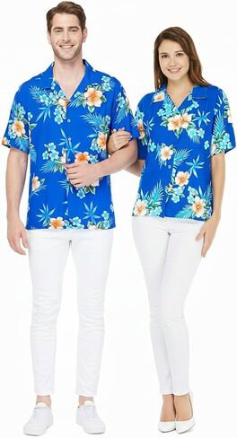 Couple Matching Hawaiian Luau Men and Women Shirts in Hibiscus Blue in Kuwait