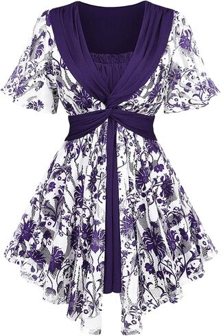 Rosegal Plus Size Womens Crochet Porcelain Floral Print Pleated Twist Ruched 2 in 1 Blouse Short Flutter Sleeve Flowy Top in Saudi Arabia