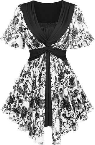 Rosegal Plus Size Womens Crochet Porcelain Floral Print Pleated Twist Ruched 2 in 1 Blouse Short Flutter Sleeve Flowy Top in Kuwait