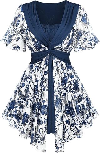 Rosegal Plus Size Womens Crochet Porcelain Floral Print Pleated Twist Ruched 2 in 1 Blouse Short Flutter Sleeve Flowy Top in Kuwait